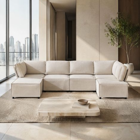 Sofá modular de esquina 308x152x77 cm, combinable libremente, asiento cómodo, tejido transpirable, espuma y muelle, beige (1/5)