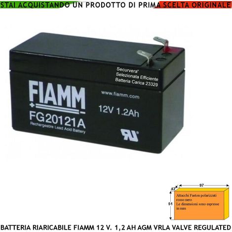 Batteria per Sirena 12 V 1,2 Ah Ermetica AGM VRLA Valve Regulated Collegamento Tramite 2 Faston 5 mm Polarizzati Selezionata da Securvera Batteria Caricata Marca Fiamm PRC Dimensioni L97XP42XH51 mm (1/2)
