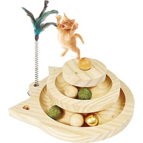 Jouet Interactif pour Chat avec 3 Types de Balles Jouets pour Chats en Bois Jouet Chaton Interieur Tour de Boule à 2 Niveaux pour Chaton Exercice Physique Mental (1/5)