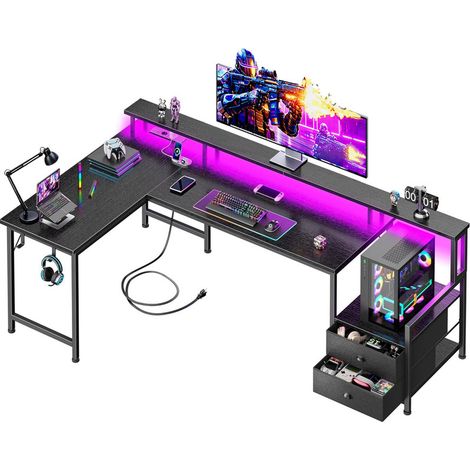 Bureau Gaming LED d'Angle en L 166cm avec Prises Électriques et Éclairage LED, avec Support Écran, Bureau Gamer avec 2 Tiroir en Tissus non tissés, 166 x 100 x 93 cm (L x l x H), Noir