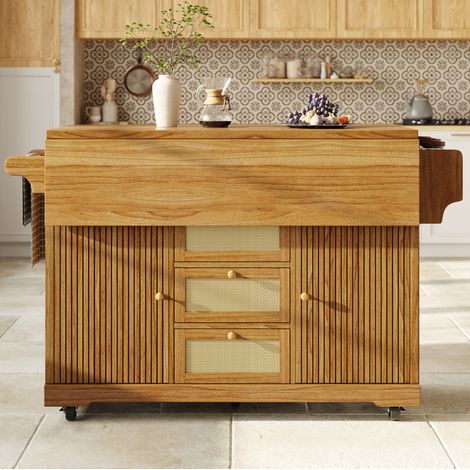 Carrito de cocina plegable de 142,5 x 80 x 95 cm con espacio de almacenamiento, ruedas, MDF y ratán PE - marrón oscuro