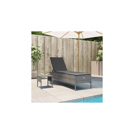 Chaise longue avec table et coussin gris résine tressée (1/5)