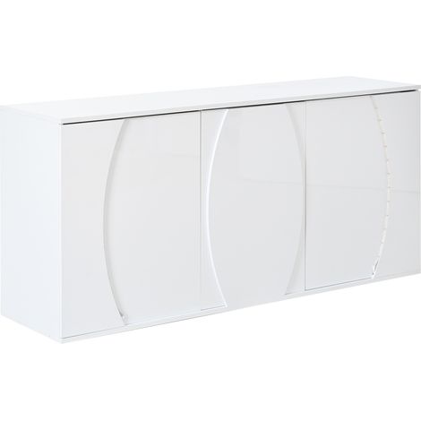 Buffet de salon 150 x 40 x 70 cm, meuble de salon brillant à trois portes, meuble de rangement avec portes LED, portes design, blanc, panneau de particules, largeur 150 cm