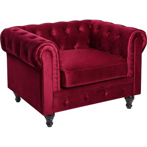 Fauteuil en Velours Rouge Dossier à Points Diamant Style Classique Chesterfield