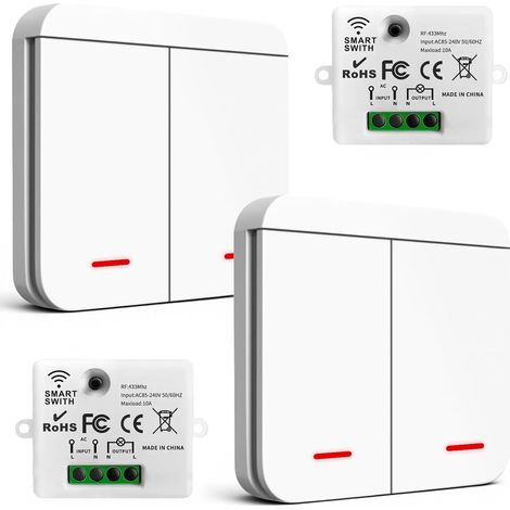 Funk-Lichtschalter, 230-V-Funk-Wechselschalter, Funk-Lichtschalter mit 30 m Reichweite, Funk-Wandpanel und 10-A-Empfänger, für Lampen bis 1500 W, 2 V 2 (1/5)