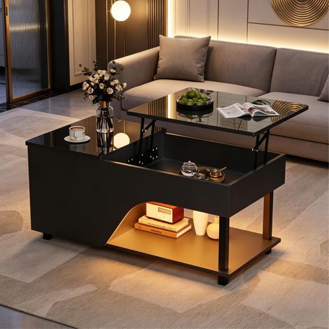 Couchtisch 100x50x46-60 cm Schwarz aus Spanplatte mit höhenverstellbarer Tischplatte und verstecktem Stauraum (1/5)
