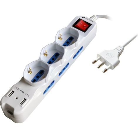 Techly Multipresa 6 Posti Italiana Bipasso con 2 Prese USB Bianca (1/5)