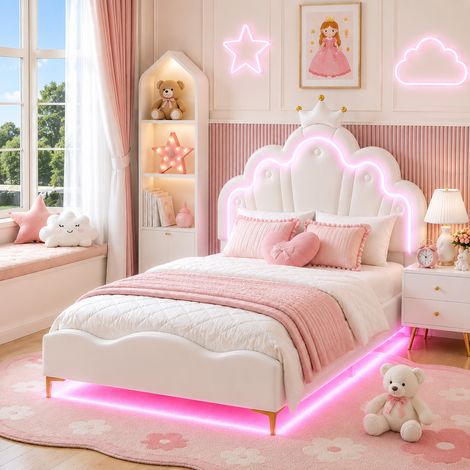Lit fille 90x200 cm blanc avec sommier, lit princesse, lit simple sur pieds, led, cuir, Montage facile