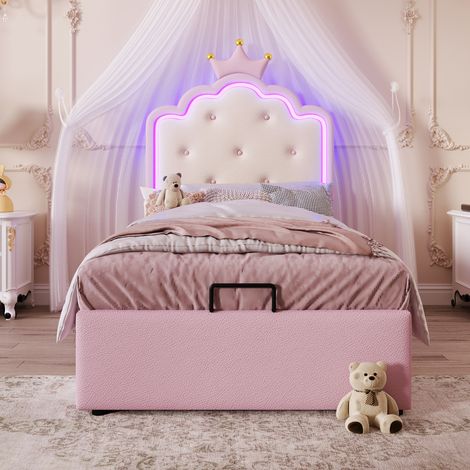Lit coffre 90x200 enfant LED PU rose avec sommier HAVRYA (1/5)
