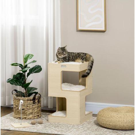 Árbol para gatos con cueva de 2 niveles y juguete, 34 x 34 x 60 cm, natural y gris claro, OKWISH (1/5)