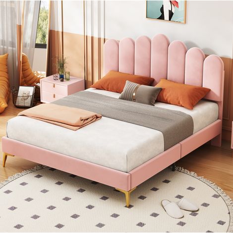 Letto imbottito in velluto rosa 140x200 cm con testiera regolabile e rete a doghe inclusa (1/5)