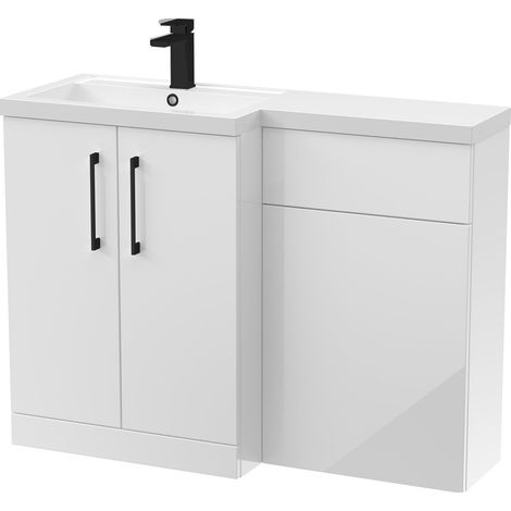 Balterley Left-Hand Bathroom Vanity and WC Unit Combination with Basin - 1100mm - Gloss White with Black Handles (1/5)