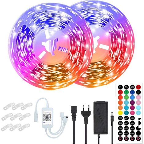 Bande LED de kit 15 mètres, contrôle de l'application Bluetooth, synchronisation musicale, intérieur, télécommande 44 touches, 12v, multicolore