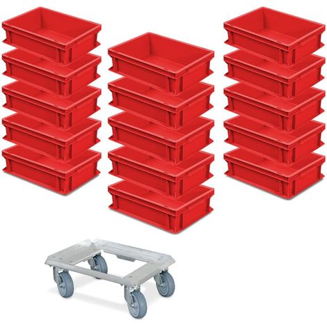 BRB 15er Spar-Set Euro-Behälter Plus Transportroller, 400x300x120 mm in Farbe rot Industriequalität lebensmittelecht (1/2)