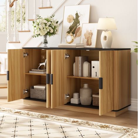 Meuble TV 4 portes 139 cm imitation bois, rainures verticales, naturel, panneaux de bois FloraGrace (1/5)