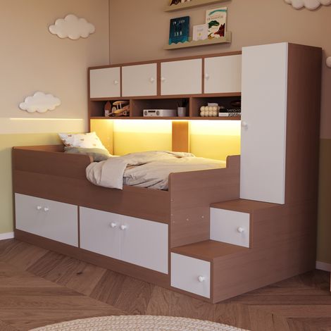 Lit enfant avec rangements-étagères-penderie-éclairage LED-barrière sécurité-échelle facile-238x96x150cm-Sans Matelas