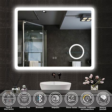 900700MM Rectangular Bathroom Mirror with 3 Colors Dimmable LED Lights,Anti-fog,Shaver Socket,Bluetooth, Magnifier,Blackout memory,Wall Mounted,2 Control Switch,IP44 (1/5)