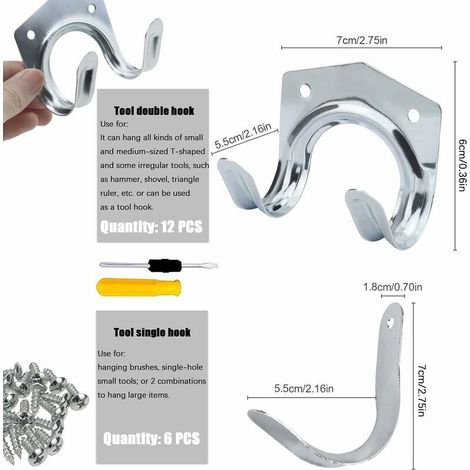Set mit 18 Wandhaken zur Aufbewahrung von Gartengeräten, einfache oder doppelte Eisenhalterung, ideal für Garage, Gartenhaus, Werkbank auf dem Bauernhof, Schrauben und Schraubendreher inklusive. (1/5)
