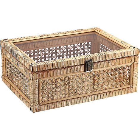 Präsentationsbox aus Rattan mit transparentem Deckel, rechteckiger Aufbewahrungskorb aus geflochtenem Weidengeflecht mit sicherem Metallverschluss, handgeflochtene Dekobox (1/5)
