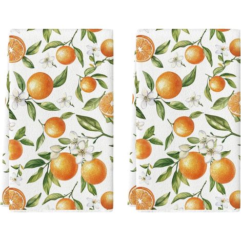 Lot de 2 torchons de cuisine d'été - Motif feuilles - Orange - 42 x 65 cm - Décoration de printemps saisonnière en polyester (1/5)