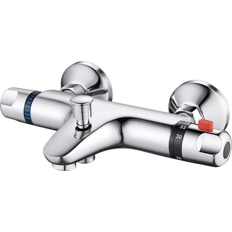 Copper Thermostatic Shower Mixer/Tape with 38℃ Safety Button, Bathtub Faucet with 2 Water Outlets, Silver (1/5)