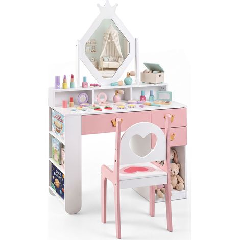 Coiffeuse Enfant avec Chaise et Miroir en Forme de Losange, Bureau Enfant avec Bibliothèque, 3 Tiroirs, Compartiments, Charge 50/75 kg pour 3-7 Ans (1/5)