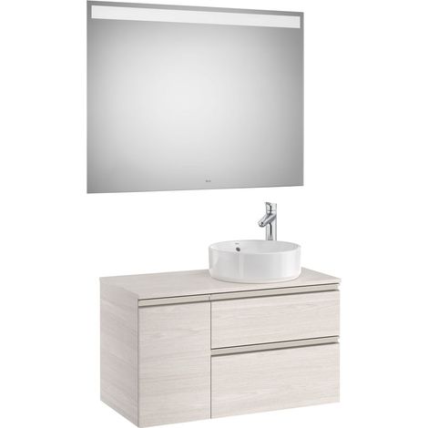 Pack meuble "The gap" 900 pour vasque à droite - 2 tiroirs + 1 porte + plan + miroir LED - frêne nordic - Roca (1/2)