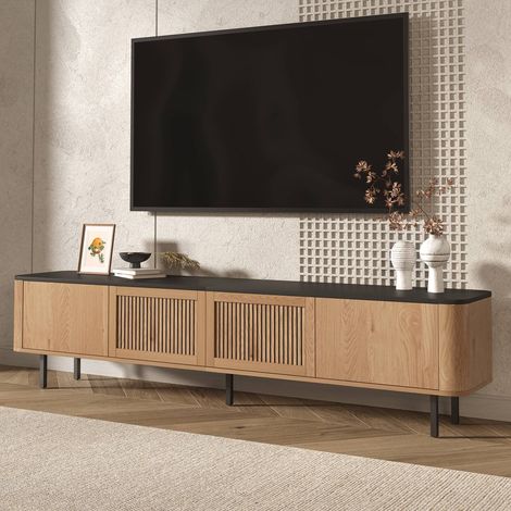 Meuble tv 190x35x45 cm noir avec panneau mural, support tv bas, design moderne (1/5)