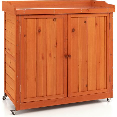 Almacenamiento de jardín mueble de madera 98,5 x 48 x 100 cm con estante extraíble 4 ruedas universales estilo rústico de madera de abeto marrón 200011571