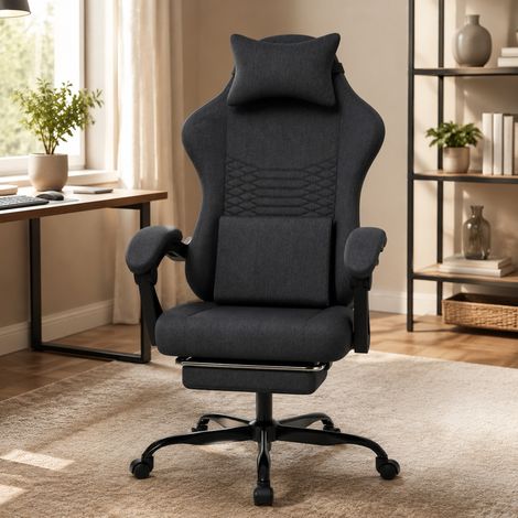 Silla gaming 50x64x124 cm de tela negra, ajustable para oficina, con reposapiés FloraGrace (1/5)