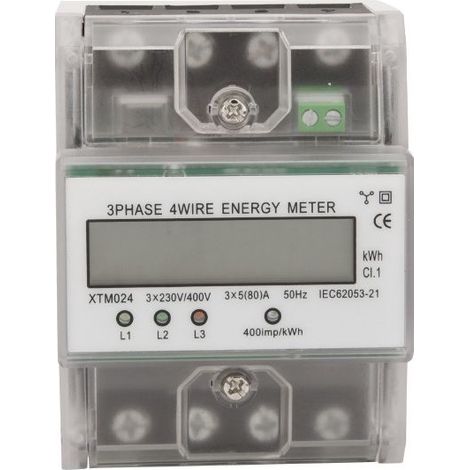 Compteur d'energie triphase a 4 fils 220/380V 5-80A Consommation d'energie kWh Compteur Installation sur rail DIN Compteur electrique numerique avec ecran LCD retro-eclaire, modele: Transparent (1/3)