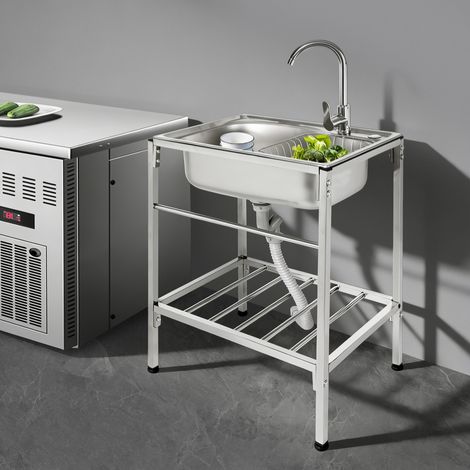 Fregadero de acero inoxidable con cesta, fregadero comercial de un solo seno, fregadero independiente con grifo de agua fría y caliente (1/5)