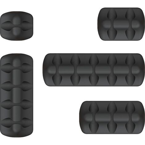 Organizador de escritorio con clips para cables negros (paquete de 5) - Sujetacables de silicona, brida adhesiva resistente, soporte para cargador, ratón, auriculares y cable de teléfono (1/4)