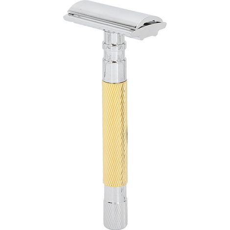Rasoir de sécurité à double tranchant, manche long en alliage de zinc, pour hommes, sans lame, couleur or (1/5)