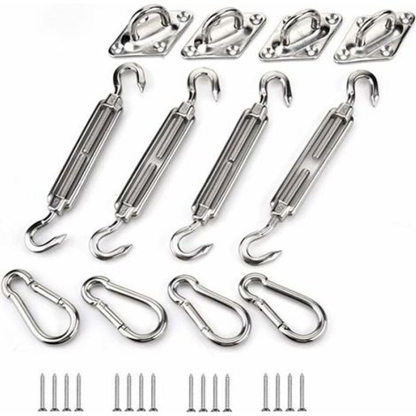 Kit De Fixation - Acier Inoxydable - Pour Voile D Ombre - 4 Supports Muraux - 4 Mousquetons - 4 Vis De Tension - 16 Vis (1/4)