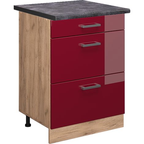 Küchenunterschrank R-Line, Bordeaux Hochglanz, 60 cm mit Schubladen, AP Anthrazit, Vicco