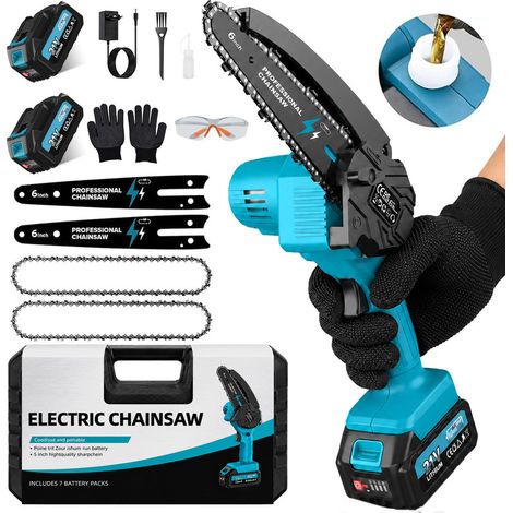 Mini motosega a batteria da 6 pollici – Motore potente da 900W, 2 batterie 21V 4,0Ah, 2 catene – Leggera e maneggevole con una mano