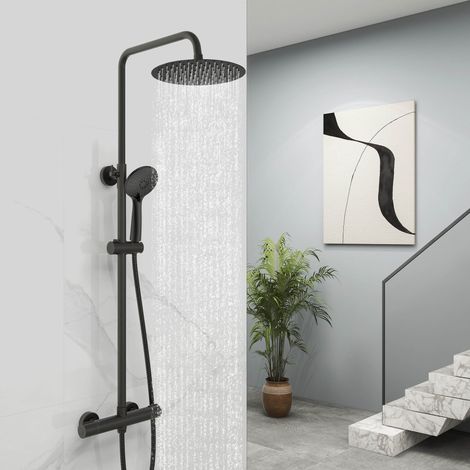 OCEAN ITALY Colonne doccia termostatiche, sistema doccia antiscottature, Miscelatore Doccia con Soffione 25cm acciaio inox e Doccetta 23X11cm, Altezza Regolabile 75-130cm, nero