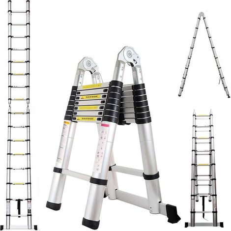 Ladders Telescoping Ladder 16.5 FT A-Frame Extension Ladder Rubber Feet mit Ladder Stabilizer Aluminum Multi-Purpose Lightweight Compact Ladders Step Climb Ladder for Home Garage, 330lb Load Capacity