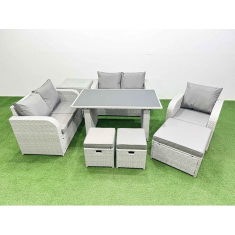 Fimous Rattan Sofa Outdoor Furniture with Dining Table,Side Table,Love Sofa,3 Stools Patio Furniture Light Grey 8 Seater (1/4)