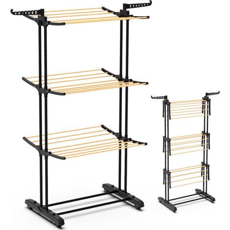 VOUNOT Tendedero Vertical Tipo Torre Plegable, Estantes de Secado Ropa con 6 Alas Plegables y 4 Ruedas, Aspecto de Madera, 3 Niveles (1/5)