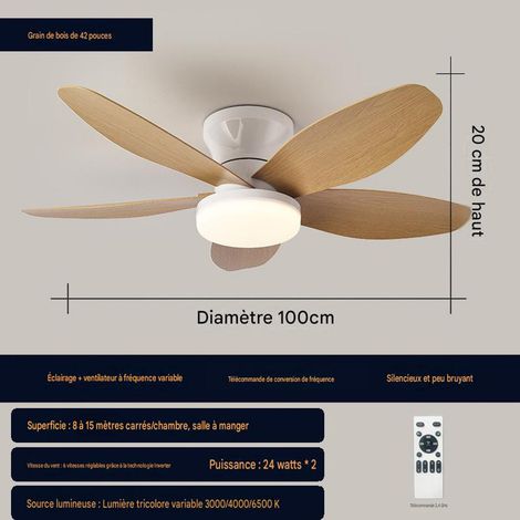 Luminaire ventilateur 42 pouces avec éclairage LED, ventilateur plafond design, télécommande, moteur basse consommation, Bois Clair (1/5)
