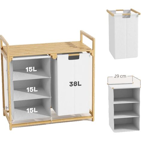 Cesto de ropa, fabricado en bambú, dimensiones 70 x 36 x 70 cm, 3 compartimentos, capacidad de carga de 13 kg, ligero con asas laterales. (1/5)