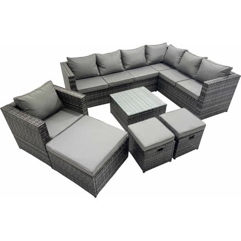 Fimous Outdoor PE Rattan Garden Furniture Sofa Set with Square Coffee Table Chair 3 Stools Dark Grey (1/5)