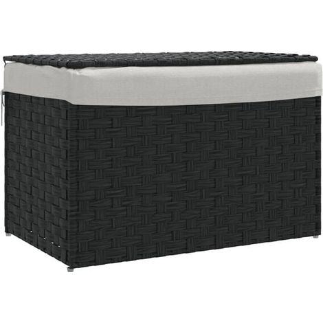 Un panier à linge avec un couvercle noir, mesurant 55,5 x 35 x 34 cm, en résine tressée. (1/5)
