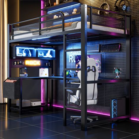 Letto a soppalco gaming 90x200 con scrivania, LED, vani portaoggetti e ricarica nero DESVIAE (1/5)