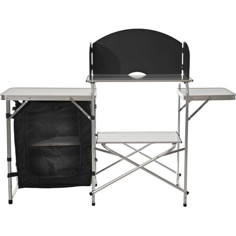 Tavolo Portacucina da Campeggio in Alluminio con Piani d'appoggio Aggiuntivi e dispensa Antivento Richiudibile con Borsa camper, roulotte, giardini, balconi e vacanze all’aria aperta (1/4)