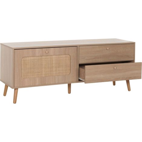 Rack TV HWC-M38, Buffet TV Armoire TV Commode, tiroir porte, Kubu rotin bois 56x140x41cm aspect chêne