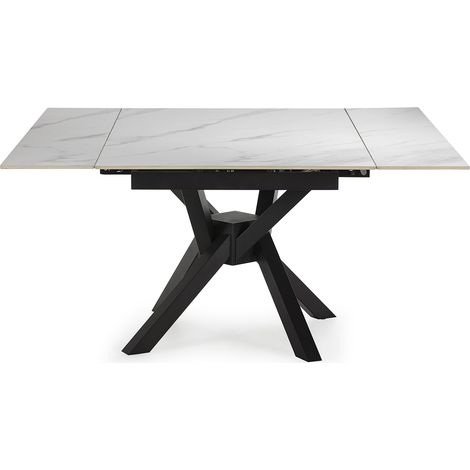 Table à manger, table de repas extensible carrée en Pierre frittée coloris blanc, pieds en métal noir  - Longueur 150 x Profondeur 90-150 x Hauteur 76 cm (1/5)