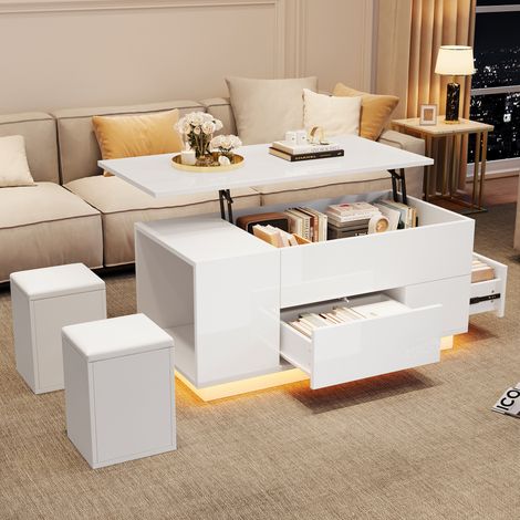 Table basse 100x50x45cm 4-en-1 réglable en hauteur avec LED, table de salon à 2 tiroirs, finition brillante, avec canapé et 2 tabourets, table d'appoint à rangement caché, charge max 50kg, blanc (1/5)